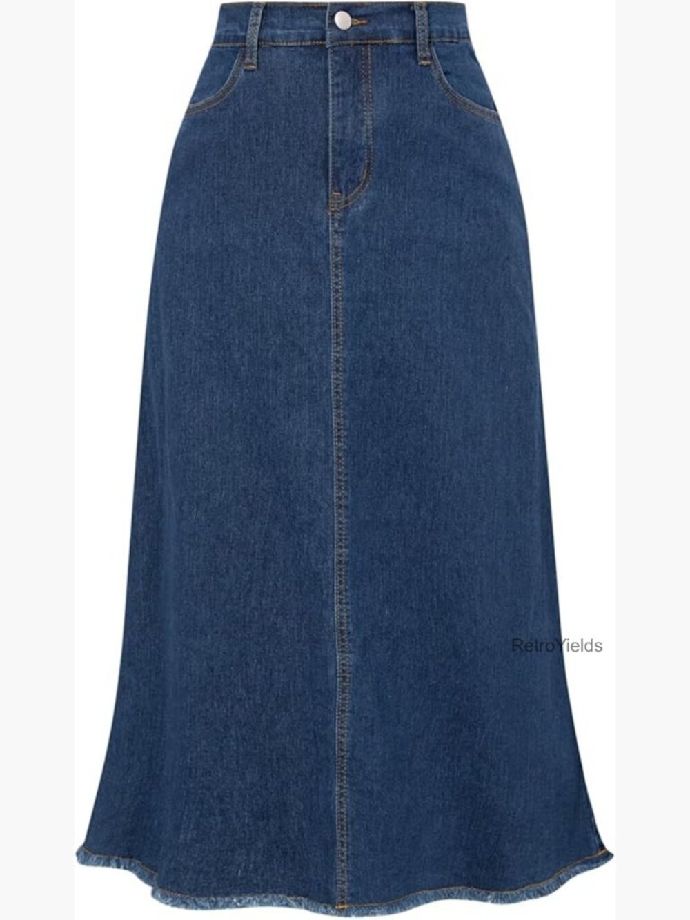 Vintage Denim Skirt Elastic High Waist Frayed Hem A-Line Maxi Long with Pockets